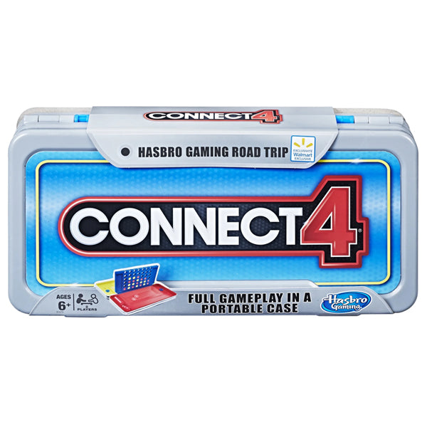 A rectangular Hasbro Gaming Road Trip Series Connect 4 Board Game in a portable case, featuring bold text, age rating 6+, and an image of the travel game on the front. Brand: Hasbro.